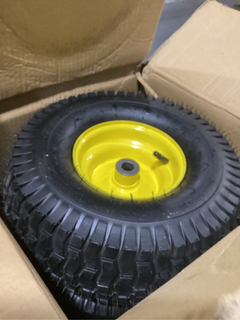 Condition photo showing New/Like New for ar-pro exact replacement 15" x 6.00-6" front tire and wheel assemblies compatible with john deere riding mowers 100 and d100 series - 3" centered hub and 3/4" bushings, 4ply pneumatic (set of 2) 15 x 6.00-6" pneumatic (centered hub) yellow