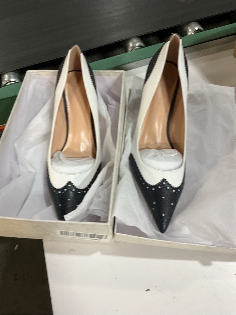 Condition photo showing New/Like New for shodense women pointed toe stiletto heel pumps oxford slip on high heels two tone perforated 4 inch stiletto high heels pointy closed toe dress heels wingtips retro retro 4-11 m us 10 blue white