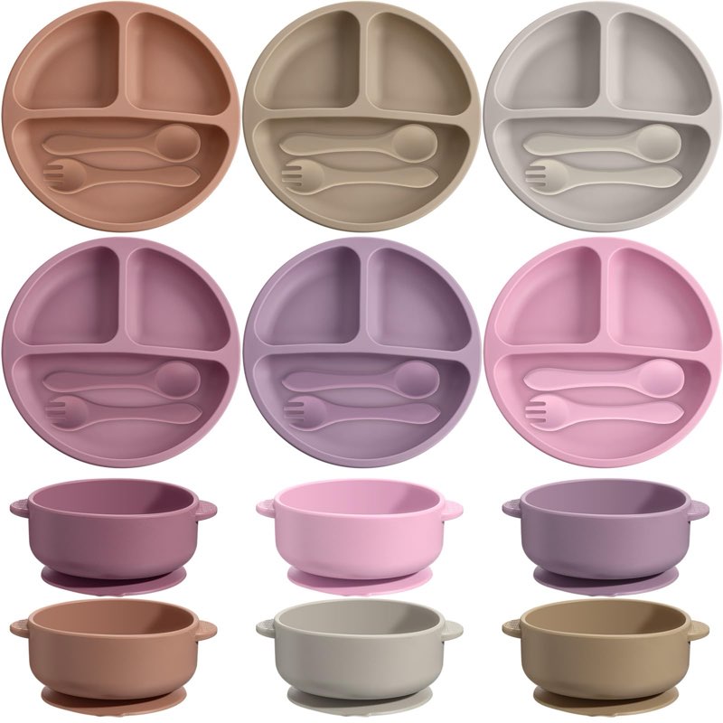 dandat 24 pcs silicone baby feeding set,6 baby toddler suction bowls 6 divided suction plates with 6