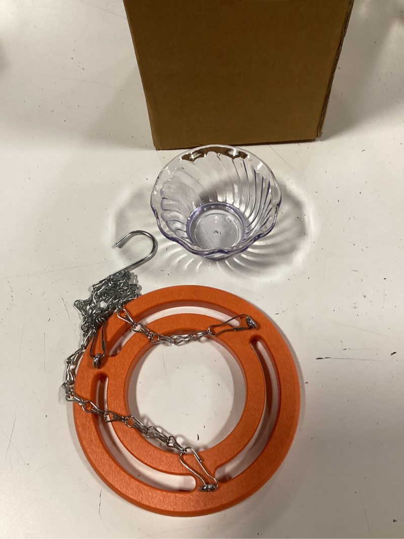 Condition photo showing New/Like New for monarch circular bird feeder (clear glass base) with perch (orange)