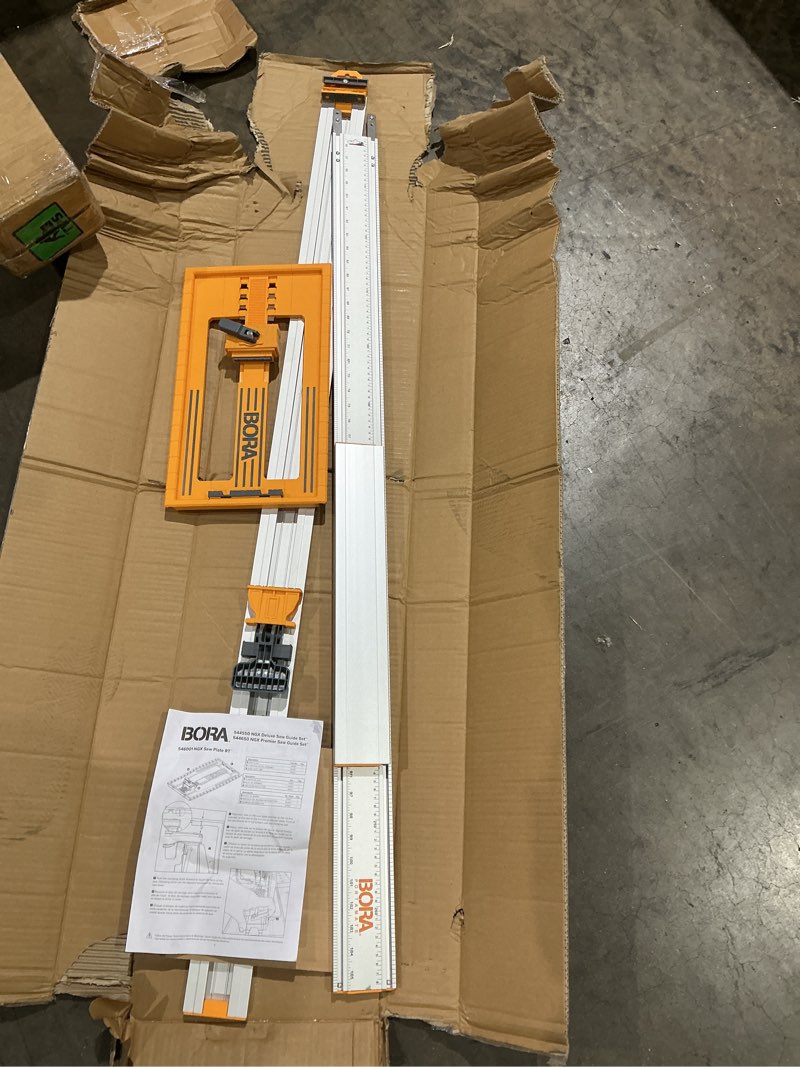 Condition photo showing As Is for bora ngx 5pc deluxe clamp edge set - 50 inch guide rail + 50 inch rail extension, ngx saw plate, t-square attachment & track clamps - track saw system for circular saw - 544550 5pc ngx set with saw plate rt & t-square attachment 544550