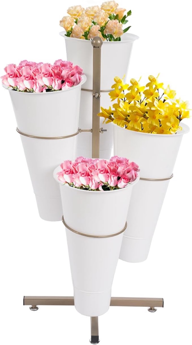 flower display stand with 4 bucket,floral stand with foldable frame for silk fresh flowers,4 tier florist shelf plant cart for flower shop garden living room,easy to install (white shelf+white bucket)