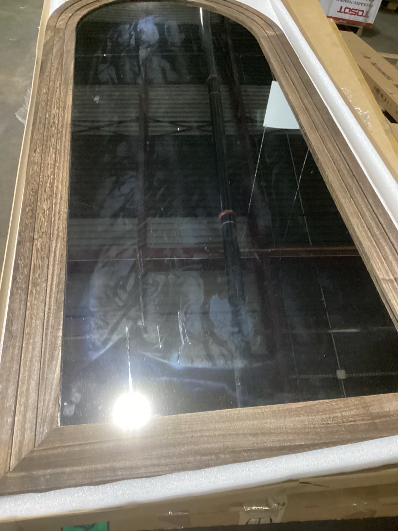 Condition photo showing As Is for arched full length mirror with solid wood frame, 71x32 farmhouse wall mounted floor mirror with stand, vertical hanging, leaning standing for bedroom, living room, brown rustic brown 71"l x 32"w