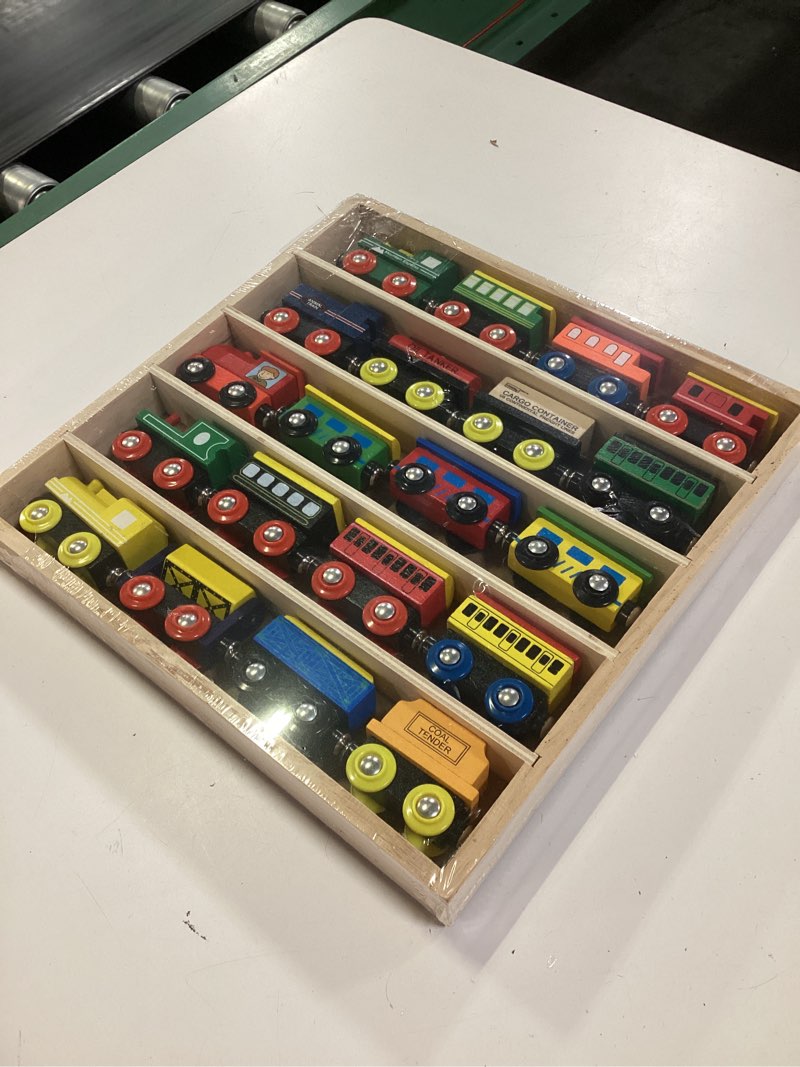 Condition photo showing New/Like New for wooden train set - 80 pc train tracks & accessories, magnetic trains cars for toddlers & older kids - compatible with thomas, melissa & doug, brio, chugginton wood train sets