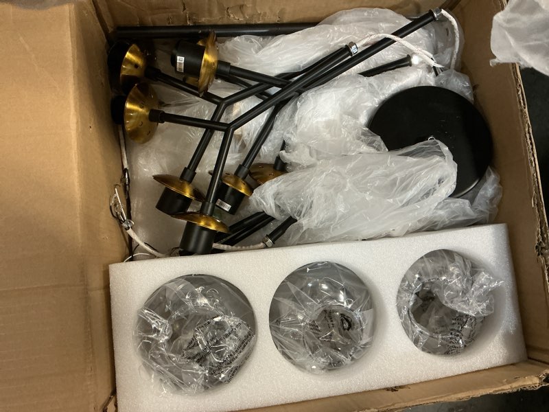 Condition photo showing As Is for hesoge 20 light extra large sputnik chandelier mid century modern black and gold ceiling light fixture with glass globe pendant light hanging for dining room kitchen living room foyer. black 20 light