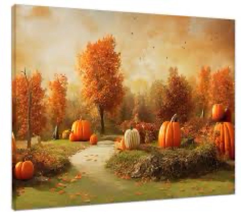 lb fall pumpkin wall art, autumn orange pumpkin with maple forest canvas wall art, thanksgiving mapl