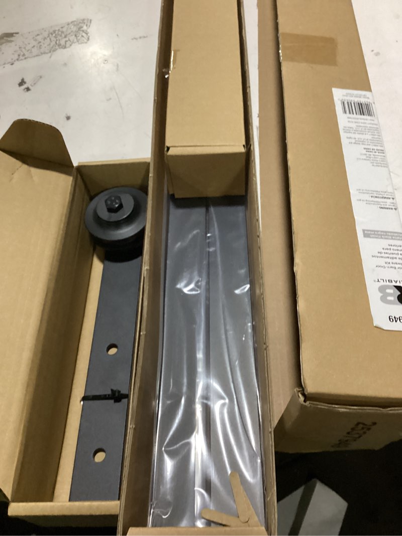 Condition photo showing As Is for reliabilt 78-in matte black interior i-strap barn door kit