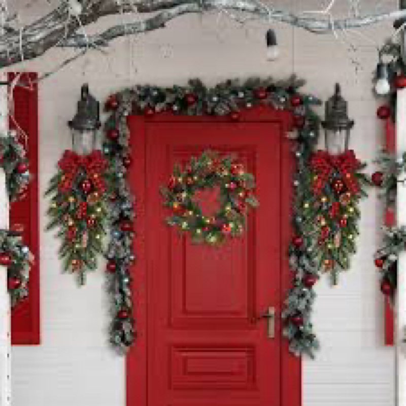Dingion 3 Pcs Pre Lit Christmas Swags Door Decoration Set Include Christmas Wreath and 24Inch Swag w