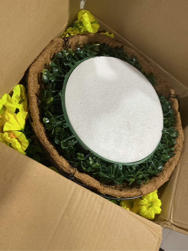Condition photo showing Good Condition for artificial fake hanging flowers plants baskets for spring outdoors decor, faux silk morning glory in planter uv resistant realistic outside flowers for outdoor porch patio balcony yard home, yellow 12 bundles b yellow
