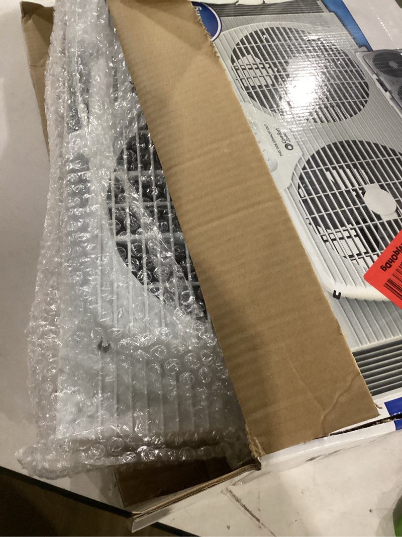 Condition photo showing New/Like New for (not tested)comfort zone 9-inch 3-speed reversible twin window fan – dual blade window exhaust fan with auto-locking expanders, 22.25\" to 33\" wide – tabletop feet & removable bug screen included white 3-speed