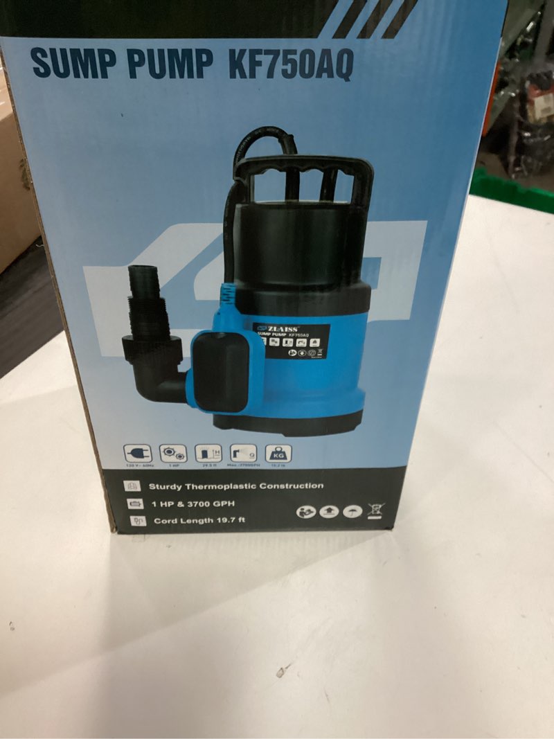 Condition photo showing New/Like New for ZLAISS1HP Sump Pump Submersible - 3700 GPH Water Pump with Automatic Float Switch, Versatile For Clean Water, for Pool, Pond,Garden, Flooded Cellar, Aquarium and Irrigation, Medium, Blue, KF750AQ 1HP/3700GPH Clean Water Pump