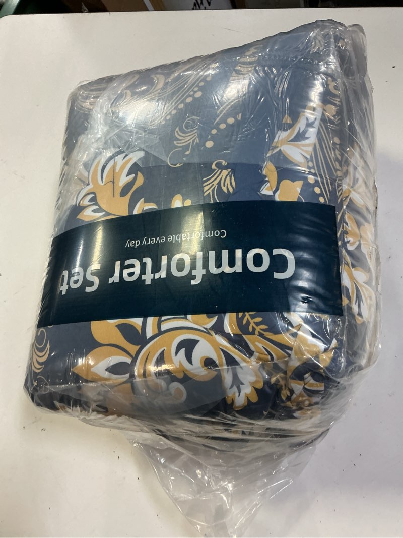 Condition photo showing Good Condition for wongs bedding blue gold comforter set queen size,damask texture 7 pieces bed in a bag microfiber comforter bedding sets -1 comforter, 1 flat sheet, 1 fitted sheet, 2 pillow shams, 2 pillowcases blue gold queen