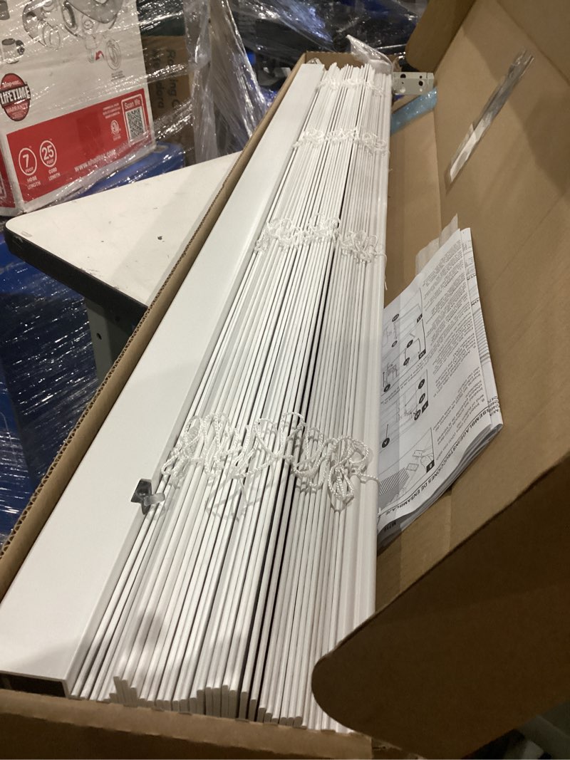 Condition photo showing Good Condition for allen + roth trim at home 2-in slat width 46-in x 64-in cordless white faux wood room darkening horizontal blinds