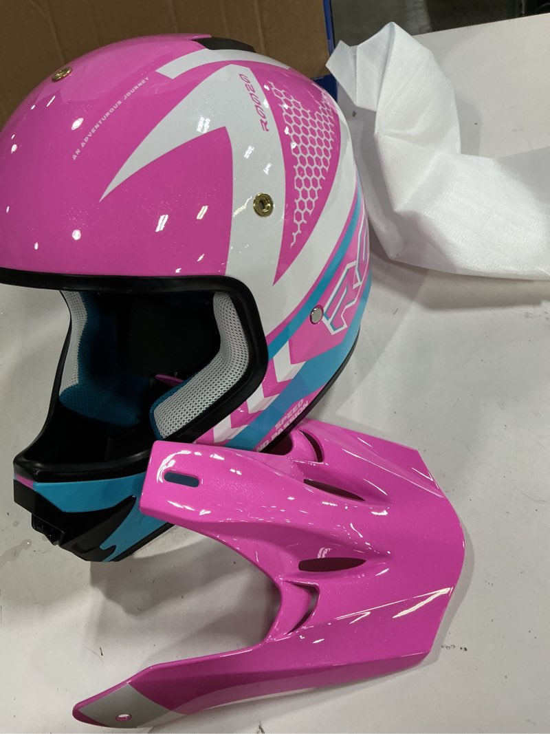 Condition photo showing New/Like New for Youth Dirt Bike Helmet DOT Certified - Full Face Motorcycle Helmet for Off-Road, ATV, Street Riding, Includes Adjustable Goggles & Protective Gloves PINK Medium