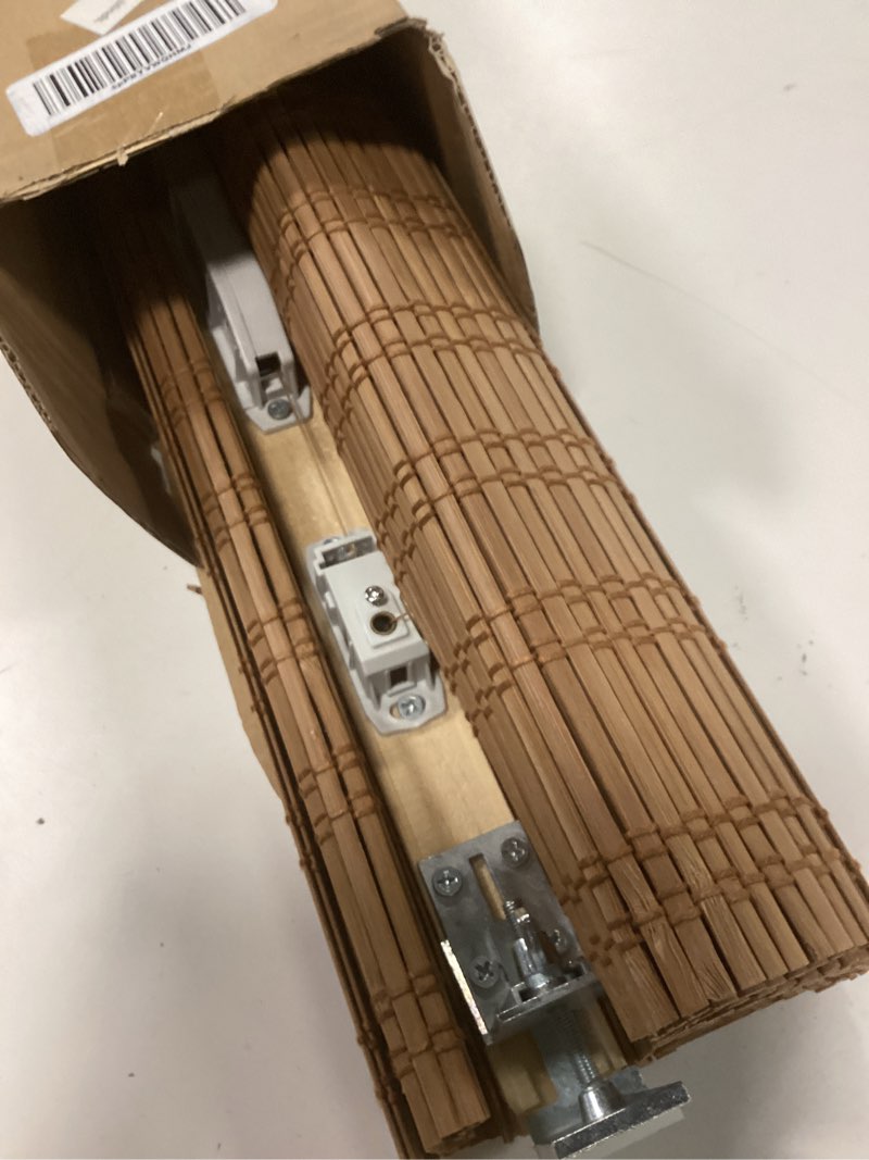 Condition photo showing As Is for LazBlinds No Tools No Drill Cordless Bamboo Roman Shades, Privacy Window Treatment, Roll Up Bamboo Blinds for Windows 22'' W x 64'' H, Driftwood Privacy-driftwood 22" W x 64" H