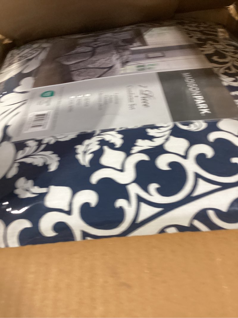 Condition photo showing New/Like New for madison park vienna sateen cotton comforter set, breathable, soft cover, trendy, all season down alternative cozy bedding with matching shams, king, indigo 7 piece vienna indigo king