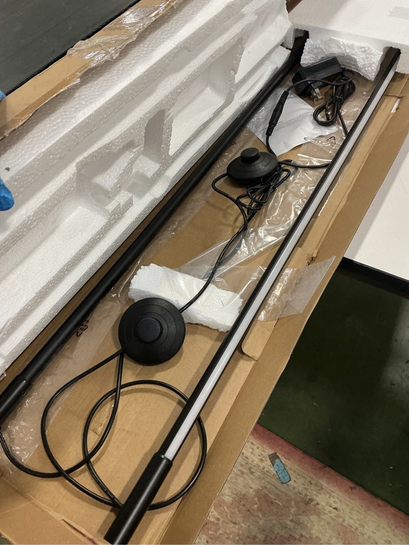 Condition photo showing As Is for DEWENWILS Floor Lamp, Set of 2 LED Corner Light Works with Foot Switch, 1100 Lumen Dimmable Floor Lamp with 3000K Warm White, 57.5" Tall Standing Lamp for Living Room, Bedroom, Office (Black)