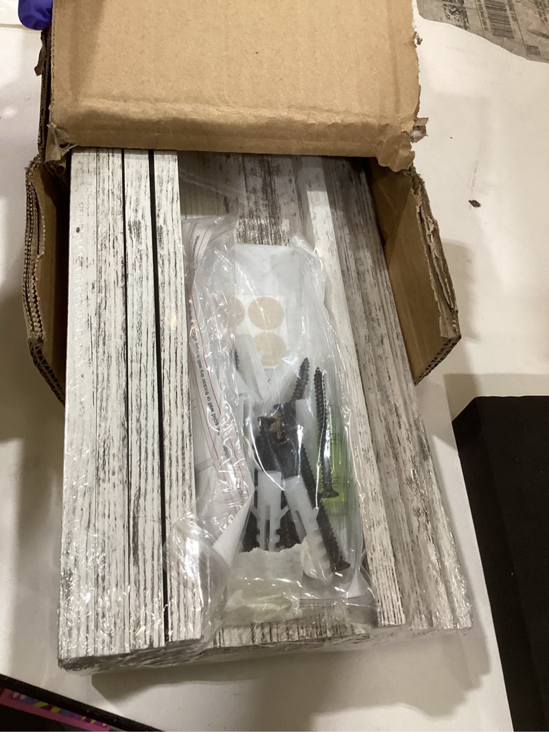 Condition photo showing Good Condition for Giftgarden 24 Inch Wall Mounted Floating Shelves Set of 5, Distressed White Wood Wall Shelves for Bathroom, Bedroom, Kitchen, Living Room Storage and Decoration, Rustic Wooden Picture Ledge