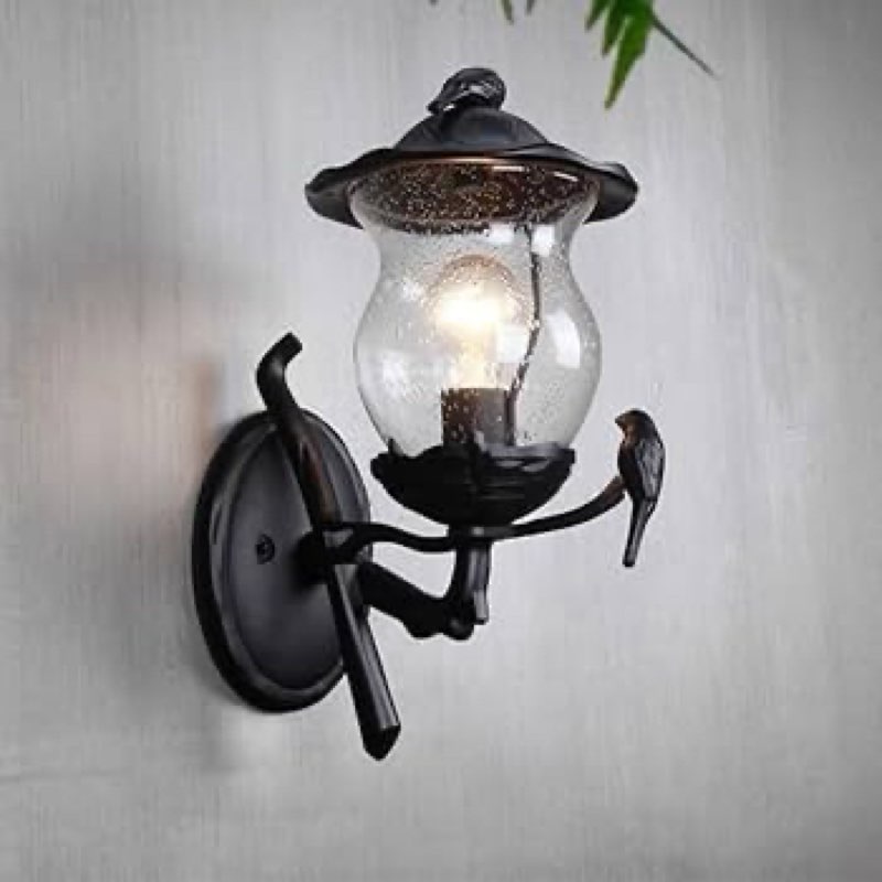 Outdoor Wall Light, Bird Cage Style Black Lighting Fixture with Transparent Seed-Crystal Glass for O