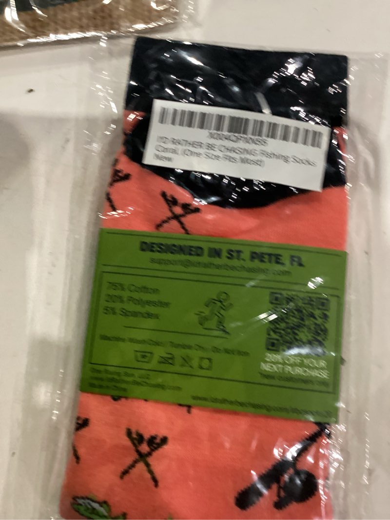 Condition photo showing Good Condition for I'D RATHER BE CHASING Funny Mens Socks, Hunting & Fishing Gifts for Men, Fun Hunt Fish Crew Sock, Hunters Fishermen Gift One Size Coral Fishing