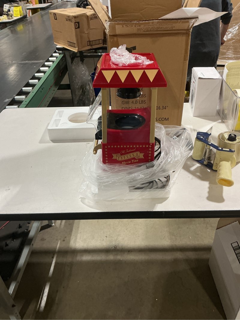 Condition photo showing As Is for fixturedisplays® mini popcorn machine carriage shape tabletop popcorn maker 9" l x 7" w x 15 1/2" h 15914