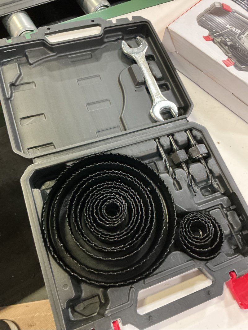 Condition photo showing Good Condition for kata hole saw kit, 24pcs hole saw set with 3/4"-6"(19-152mm) multi-size saw blades, precision hole saw drill bit kit with mandrels & solid storage case cutting for drywall, soft wood, pvc, plastic black