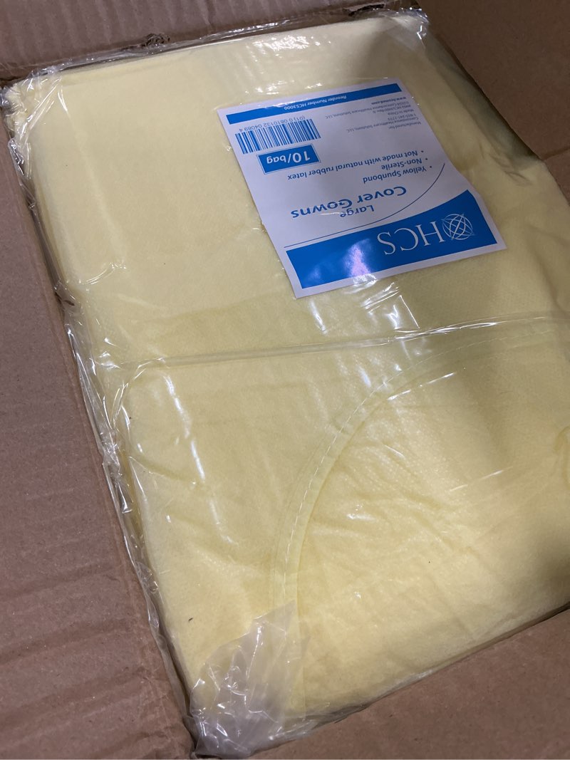 Condition photo showing New/Like New for HCS Bulk PPE Gowns - Disposable Gowns, Medical - Single Layer, Spunbound Isolation Gown Disposable - Elastic Cuffs, Neck & Waist Tie - Clinic, Dentist, Hospital - Yellow Cover Gown, Large (50/Case) 50 Large