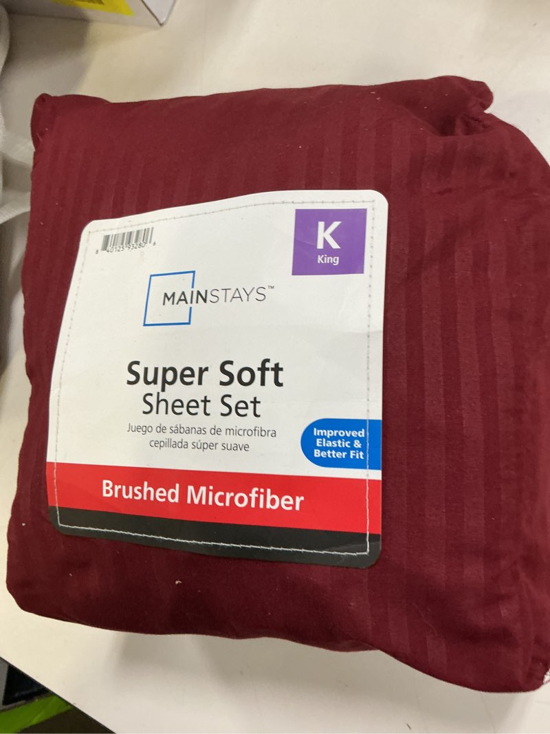 Condition photo showing As Is for mainstays super soft brushed microfiber bed sheet set  luscious red merlot embossed stripe  king  4 piece
