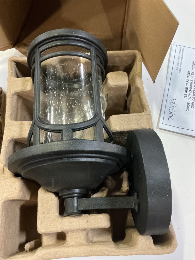 Condition photo showing As Is for quoizel kessel 1 -light 10-in h matte black hardwired outdoor wall light