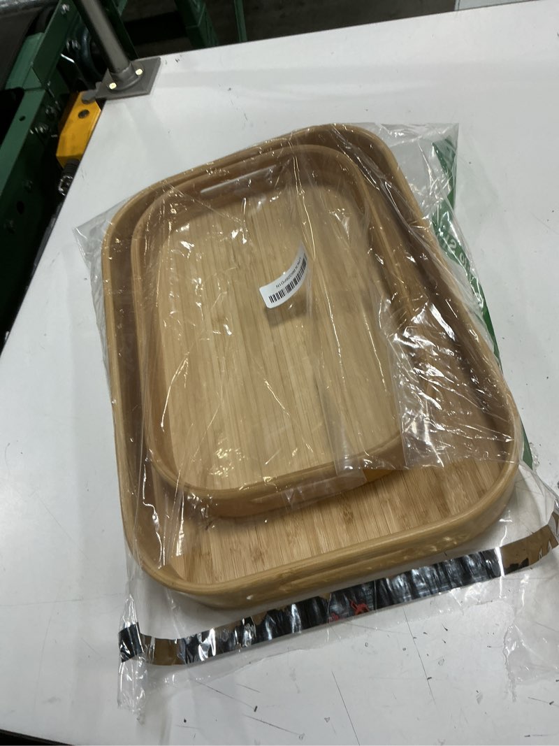Condition photo showing Good Condition for dicunoy set of 2 bamboo serving tray, solid wood breakfast tray with handles and arc angles, large size for food, dinner, tea, coffee, bar, parties, 15.6" l x 10.8" w /12.6" l x 8.5" w