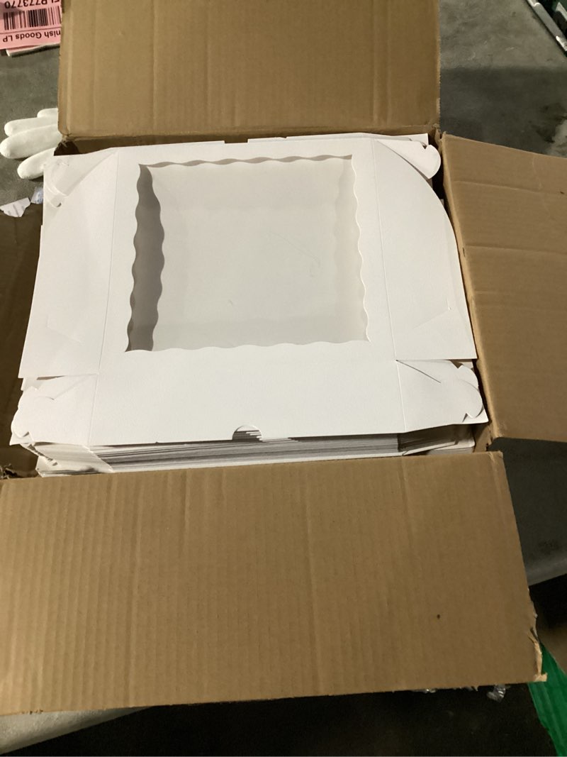 Condition photo showing Good Condition for RomanticBaking 50pcs 9x9x2.5 Inches Pie Boxes Chocolate Covered Strawberries Boxes Cookies Boxes Breakable Hear Cakesickle Packaging Chocolate Truffle Box 50 White
