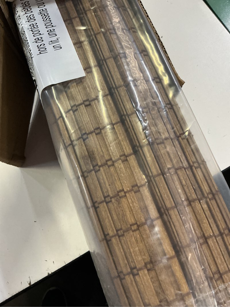 Condition photo showing Good Condition for lazblinds cordless bamboo roman shades, privacy blinds for interior windows, room darkening roll up bamboo blinds for home & patio, 23.5" w x 64" h, highfield teak pricacy - highfield teak 23.5" w x 64" h