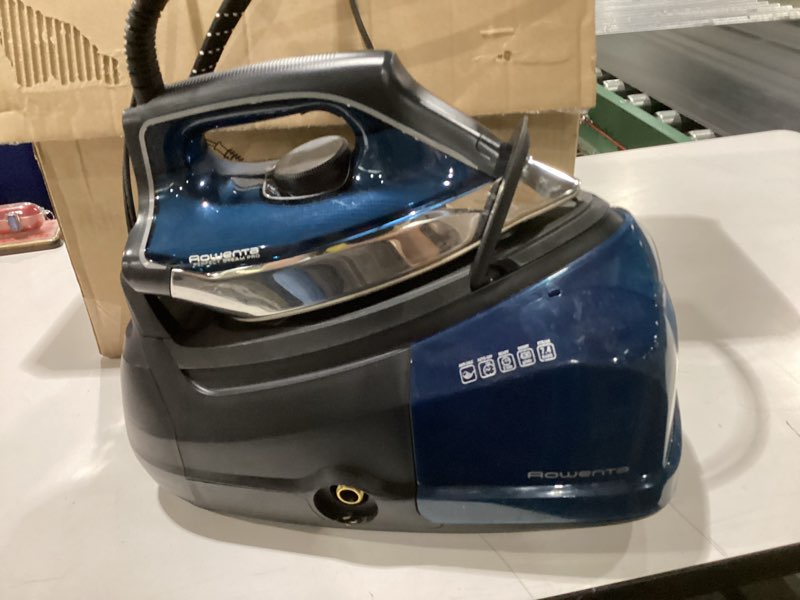 Condition photo showing Good Condition for rowenta steam station, stainless steel soleplate, professional iron steamer for clothes, 1.1l removable tank, fast heat up, 1800 watts, blue clothes iron, dg8624 xl steaming sessions - high pressure steam