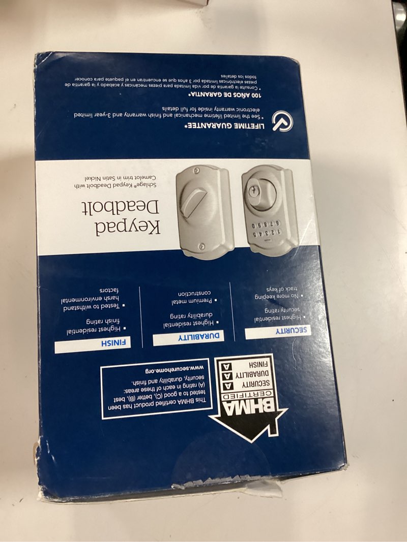 Condition photo showing New/Like New for schlage be365 v cam 619 camelot keypad deadbolt, electronic keyless entry lock, satin nickel satin nickel camelot camelot