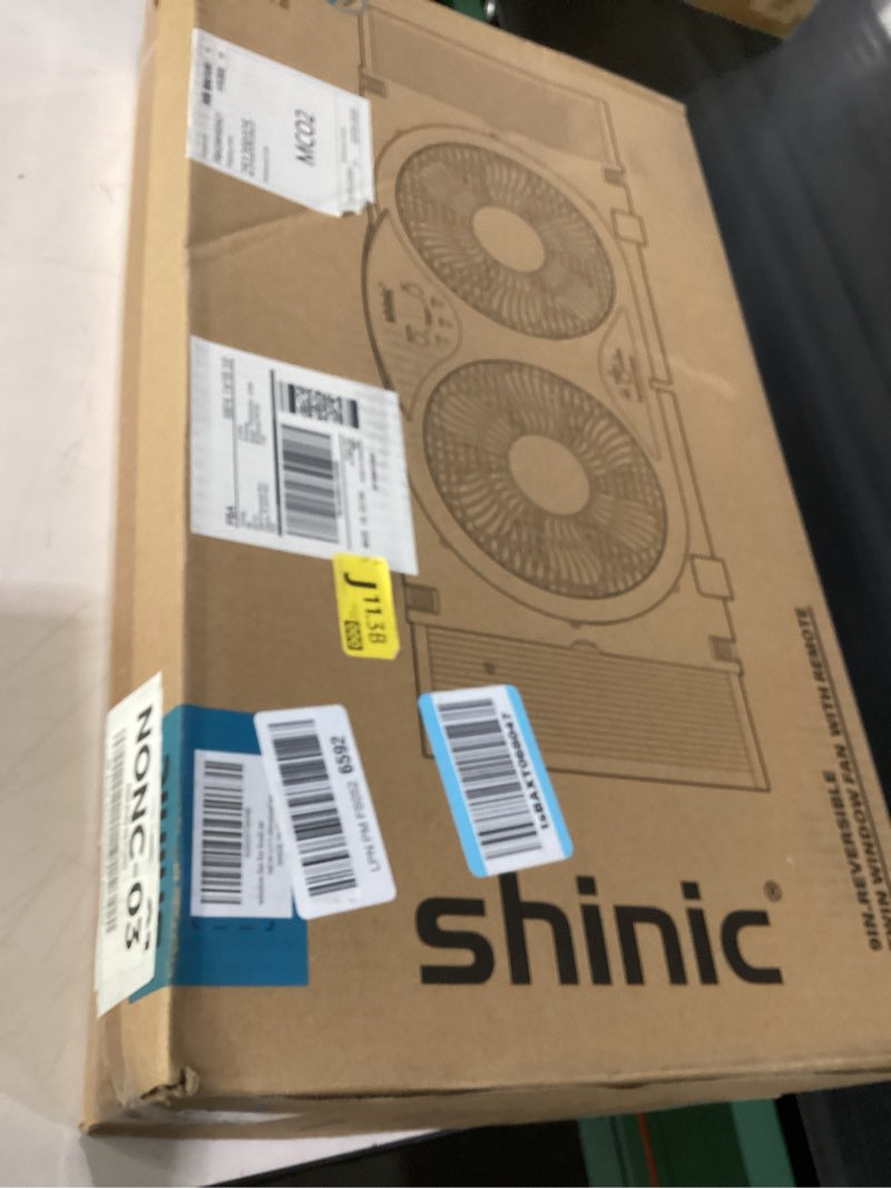Condition photo showing Good Condition for shinic 9" twin window fan with reversible airflow, removable cover and bug screen, remote control, 3 functions-3 speeds, width adjustable (23.5" to 37"), bathroom kitchen window fan etl certified window fan with cover and bug screen white