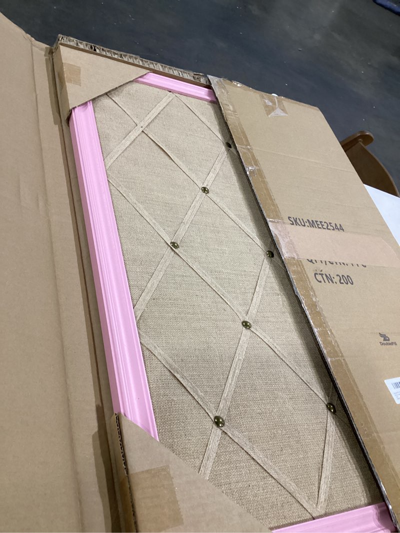 Condition photo showing As Is for pink bulletin board 21"×27" pink linen fabric decorative board hanging memo boards with 20 pushpins for women office large cork bulletin boards for home & office wall decor photos display 29.5" x 20.5" pink