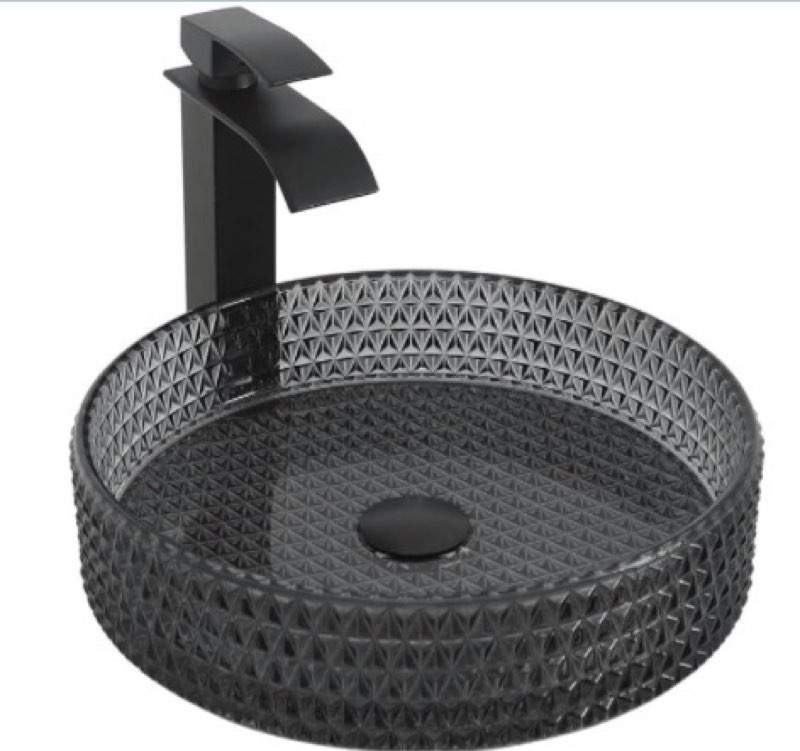 Diamond Shape Bathroom Crystal Glass Vessel Sink with Black Faucet and Pop-up Drain, Grey