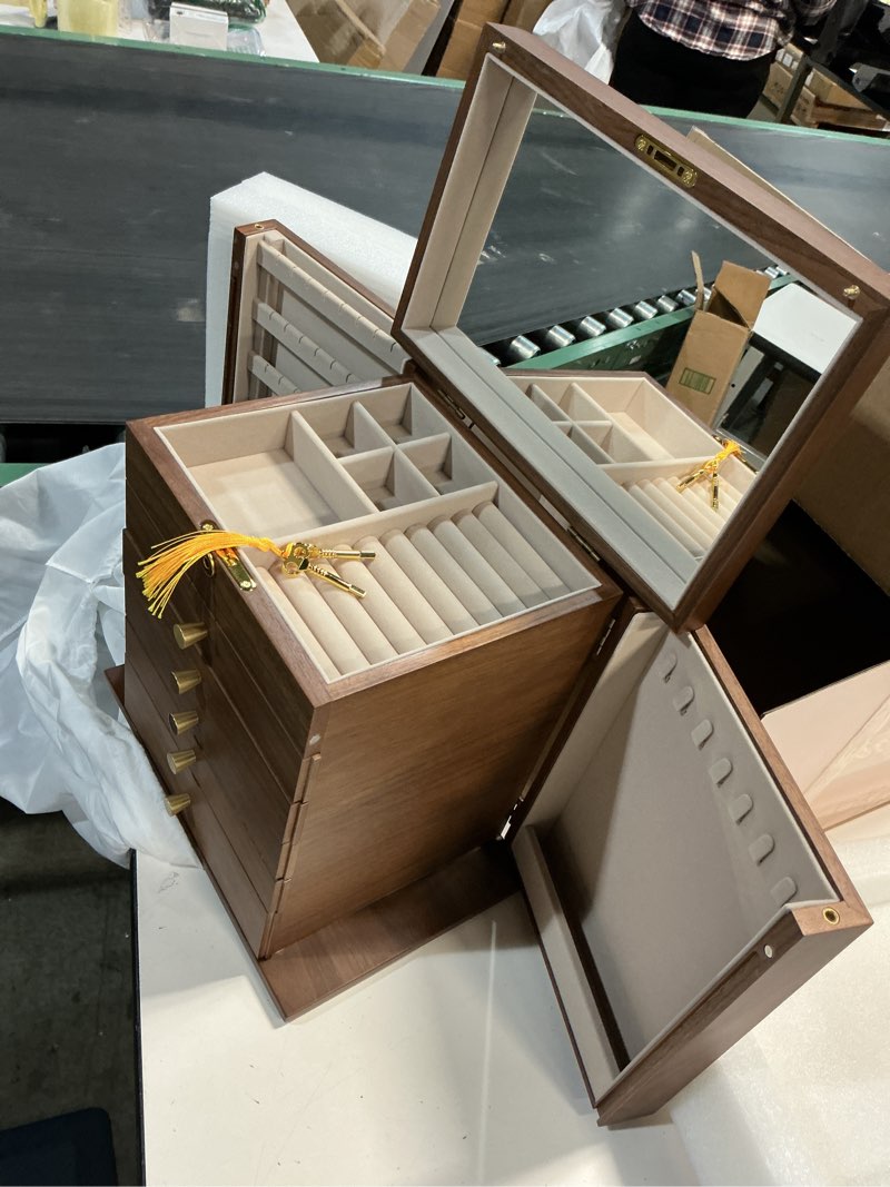 Condition photo showing New/Like New for CHOSIN Black Walnut Wooden Jewelry Box, 6-Layer Lockable Wood Jewelry Organizer with Mirror, Side Doors & Brass Handle, Classical Design for Rings, Necklaces, Earrings, Watches, Valentine's Day Gift 6 Layer