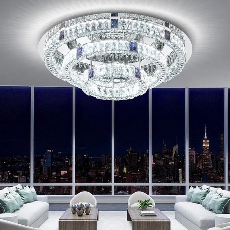 w32'' modern led crystal chandelier 3-tier round ceiling light fixture for dining room kitchen bedroom 3000-6000k dimmable lighting