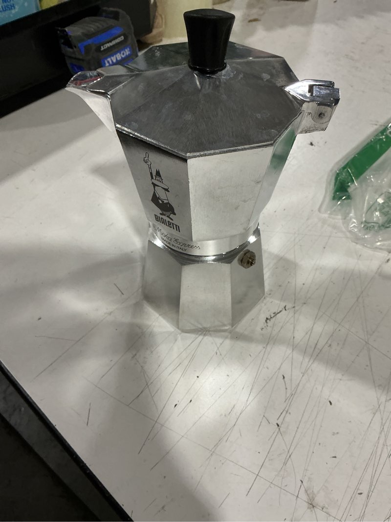 Condition photo showing As Is for bialetti - moka espress: iconic stovetop espresso maker, makes real italian coffee, moka pot 6 cups (6 oz), aluminium, silver 6-cup