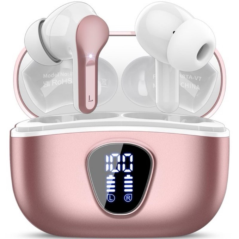 Wireless Earbuds, Bluetooth 5.4 Headphones HiFi Stereo, Bluetooth Earbuds with ENC Noise Cancelling Mic, IP7 Waterproof in Ear Earphones, 48H, LED Display Ear buds for Pad Workout Sports, Rose Gold