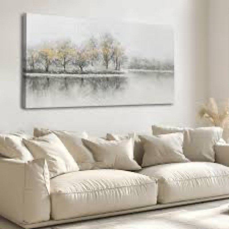 Grey Pictures Wall Decor Lake Painting Nature Scenery Artwork Forest Wall Decorations for Living Roo