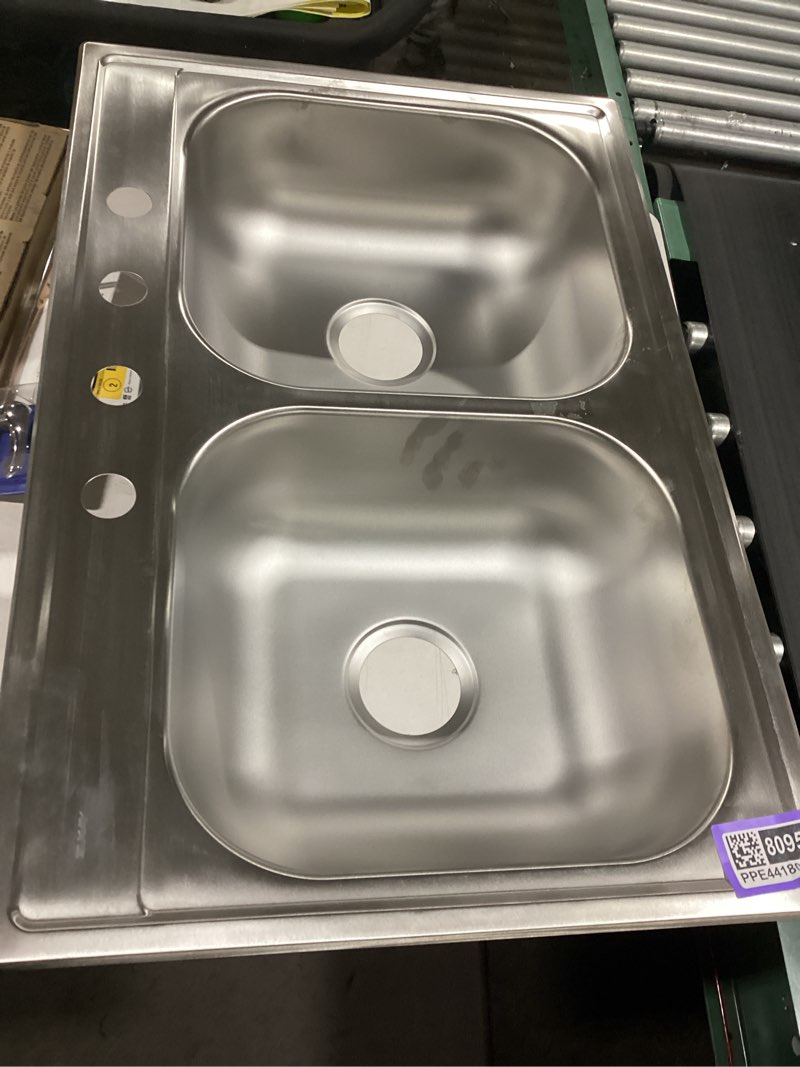 Condition photo showing As Is for Elkay Dayton Drop-in 33-in x 22-in Stainless steel Double equal bowl 22 -Gauge Kitchen Sink