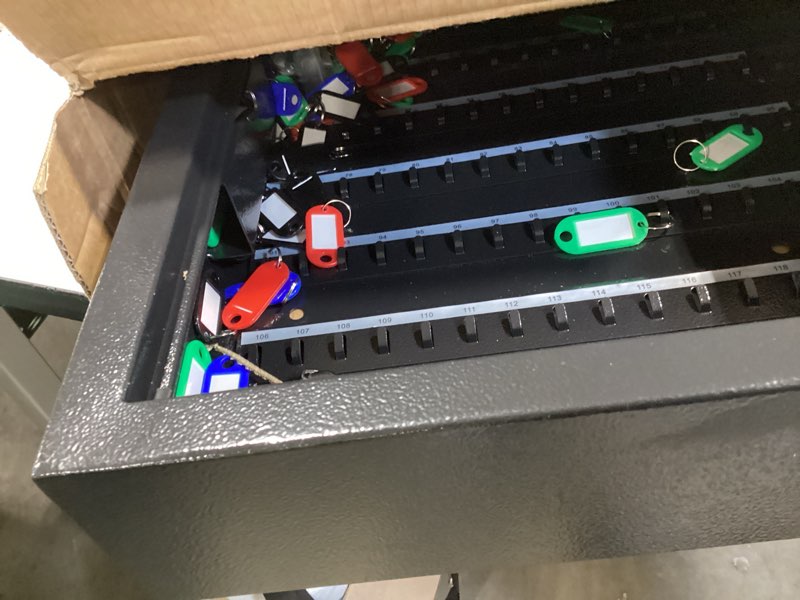 Condition photo showing Good Condition for nebakne 225 keys key lock box wall mount with additional 16 side hooks and key tags, anti-theft key box key cabinet with side opening, key organizer key safe for home office garage rental business 241 key hook black