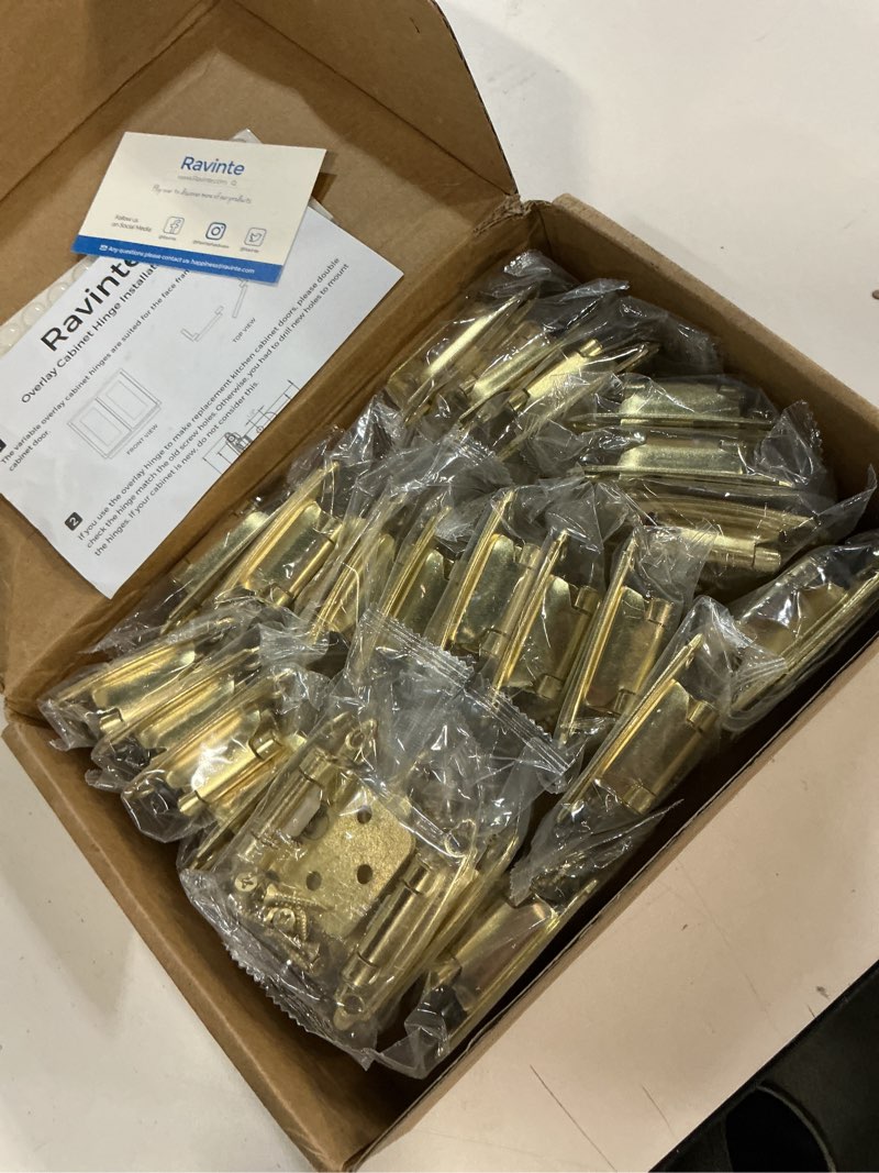 Condition photo showing New/Like New for ravinte 50 pack (25 pairs) 1/2" overlay cabinet hinges, self-closing semi-concealed face mount, satin brass decorative hardware with door bumpers for kitchen & cupboard doors, gold gold 50