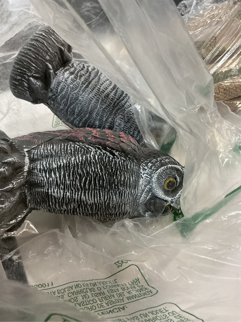 Condition photo showing Good Condition for hausse 2 pack fake owl decoys to scare birds away, rotating head plastic owl bird deterrents, 10.6 inch height bird scarecrow nature enemy horned pest repellent for outdoor garden yard black 2 pack