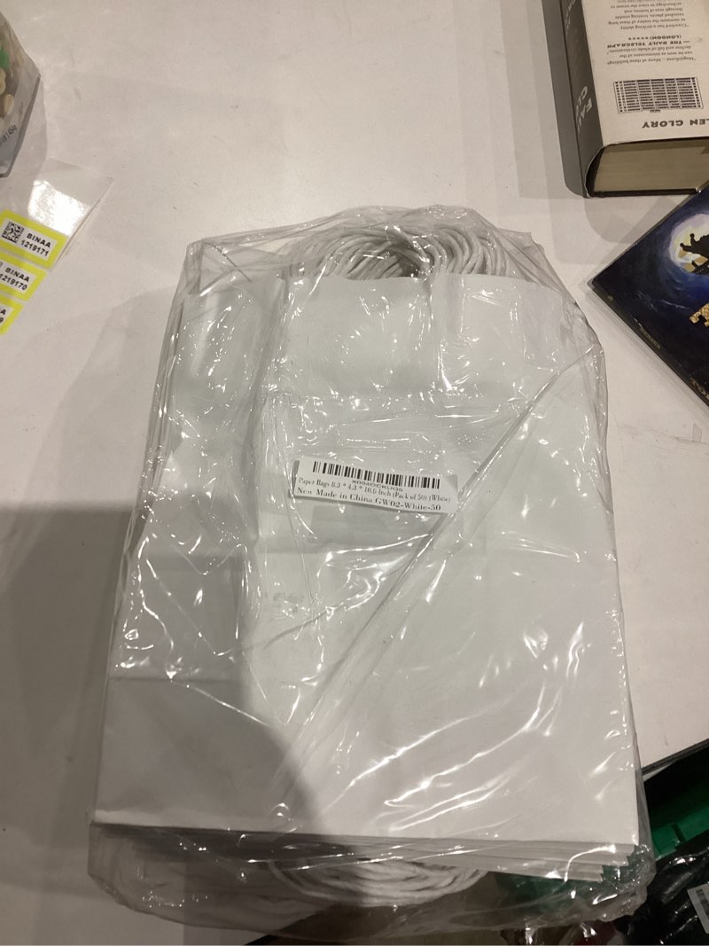 Condition photo showing New/Like New for BAG BOX 50 Pack 8.25x4.3x10.6 Inch White Gift Bags with Handles,Bulk Kraft Paper Bags for Shopping, Retail, Merchandise, Wedding, Party Favors, Paper Grocery Sacks