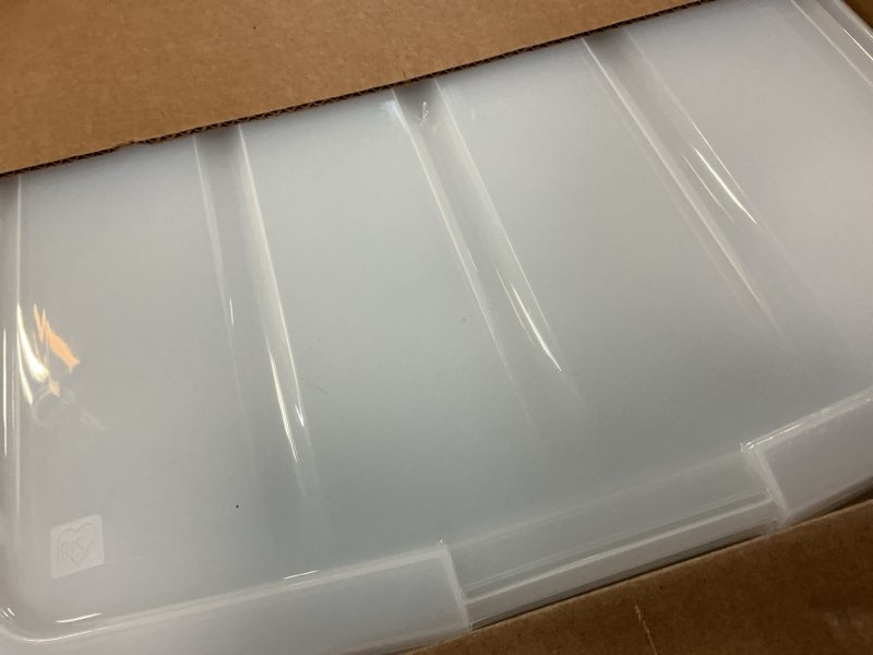 Condition photo showing Good Condition for iris usa 33 qt plastic under bed storage organizer bin container with secure lids and durable black buckles, multi-purpose for clothes, shoes, clothing, and bedding, short, clear, 3 pack
