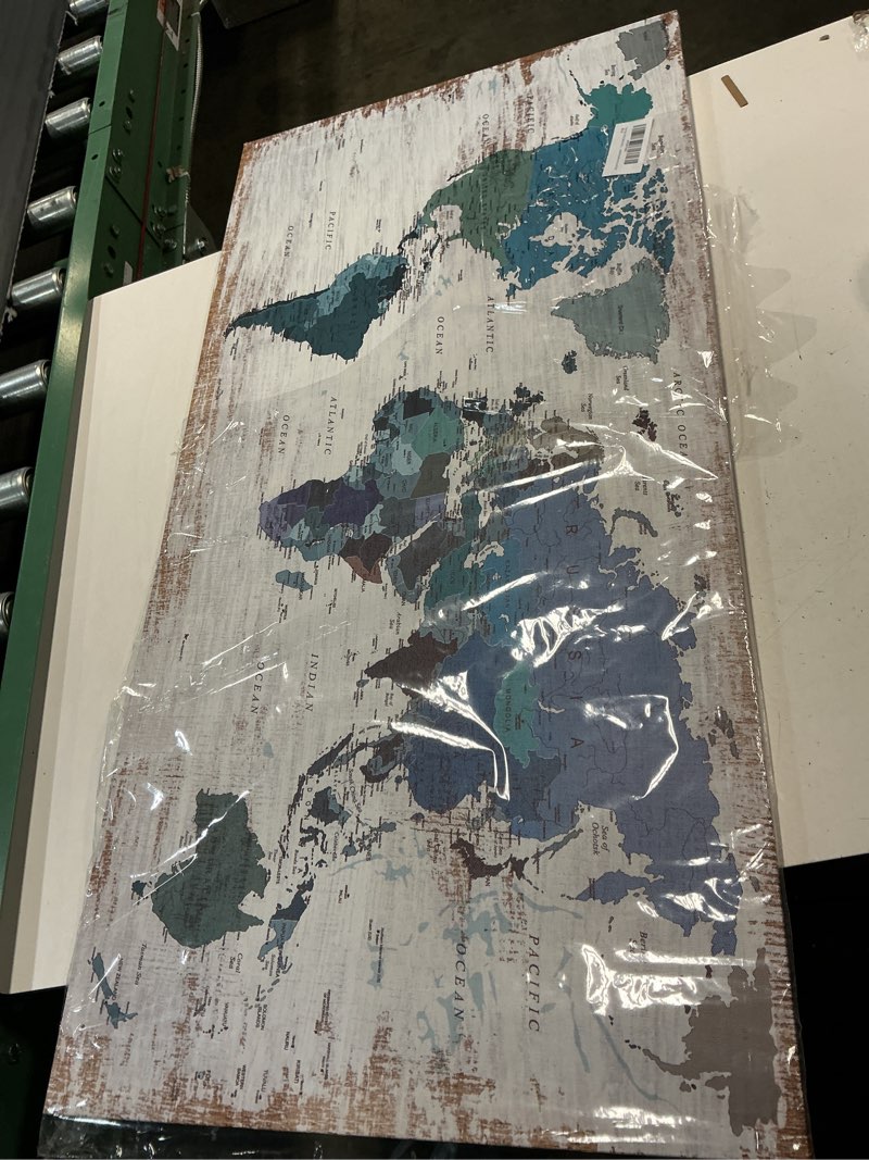 Condition photo showing Good Condition for teal decor world map canvas wall art pictures for living room decoration blue wall decor office world map art map of the world picture framed artwork for home bedroom decoration 20"x40" 40"l x 20"w blue map