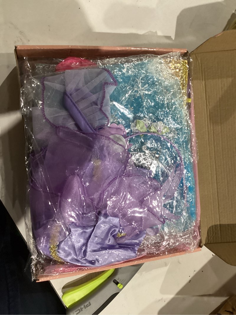 Condition photo showing New/Like New for princess dress up, dress up clothes for girls 3-6, cosplay princess costume gift set with princess dresses and princess toys, pretend play toddler girl toys, halloween christmas birthday gift